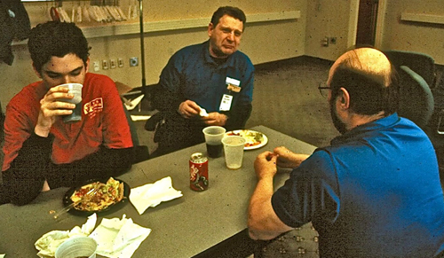 Enrique Kiki Huerta, Mike Zacate and Tim Just in the back room at a national scholastic championship (photo courtesy Kenneth Sloan)